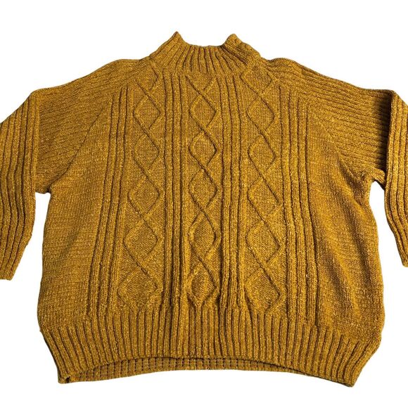 Vintage Bugia Sweater L Yellow Fisherman Cable Knit Wool Blend Mock Neck Italy - Picture 2 of 16